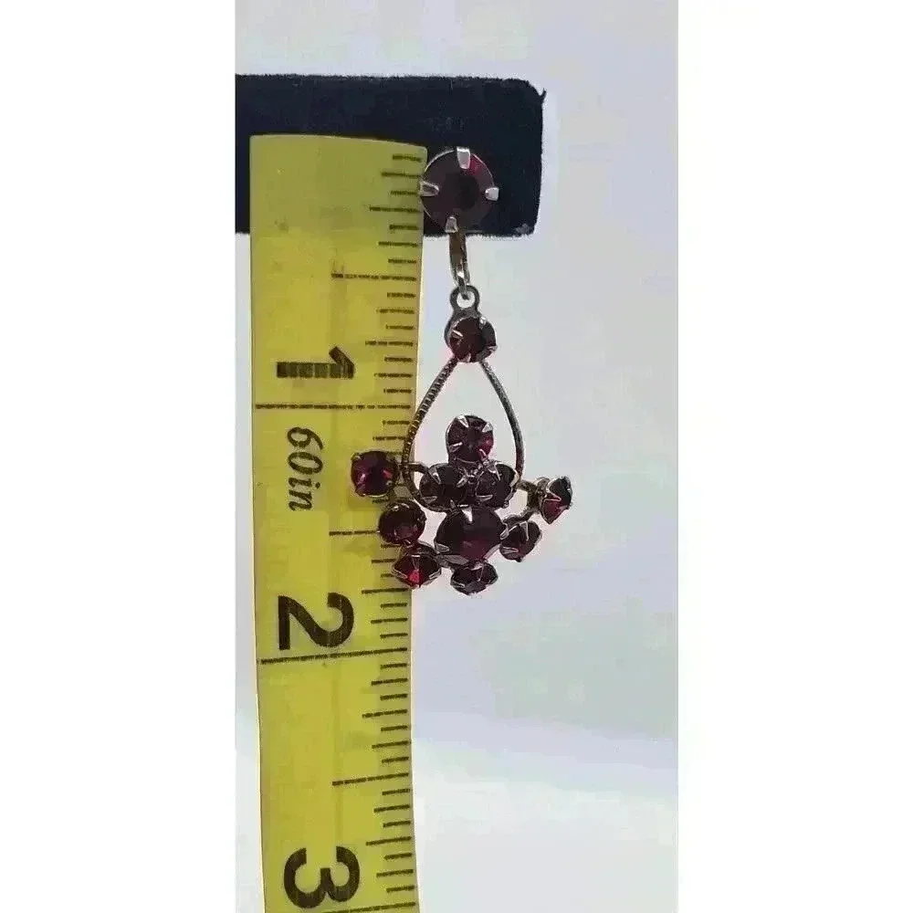 Earrings Cherry Red Long Dangle cluster Rhinestone Vintage Screw Chandelier